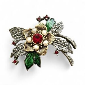 Vintage Avon Floral Brooch with Red and Green Pearl Accents